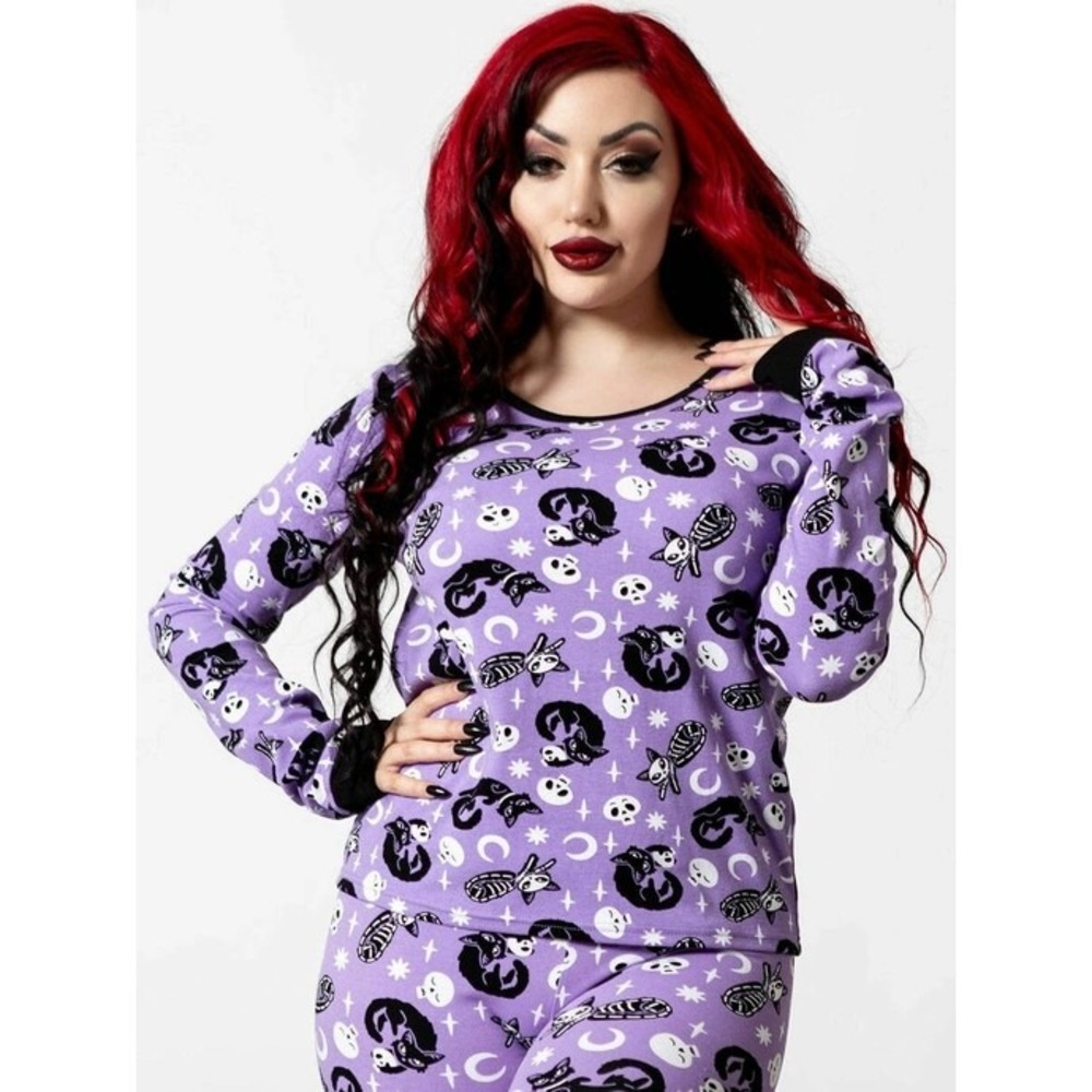 Killstar Purr off long sleevee cat print pajama top cotton blend goth